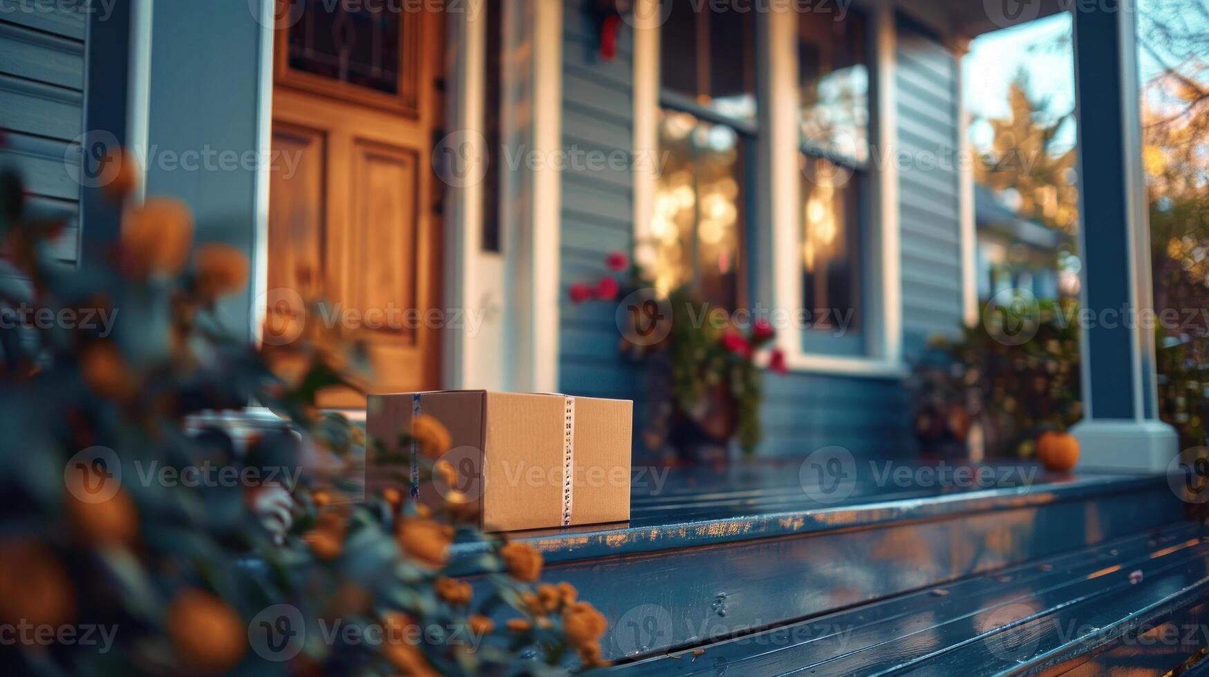 Close up of a cardboard package on the front porch photo