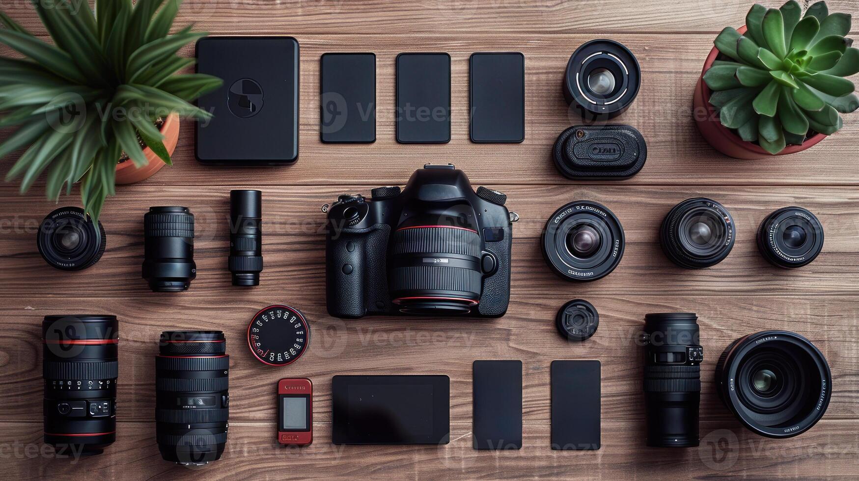 A collection of cameras and lenses are displayed on a wooden table photo