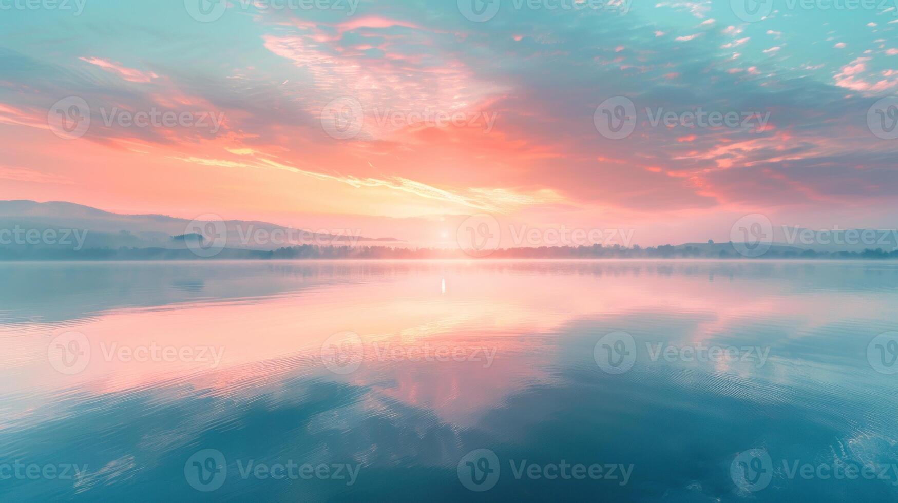 A beautiful, serene lake with a pink and purple sky in the background photo