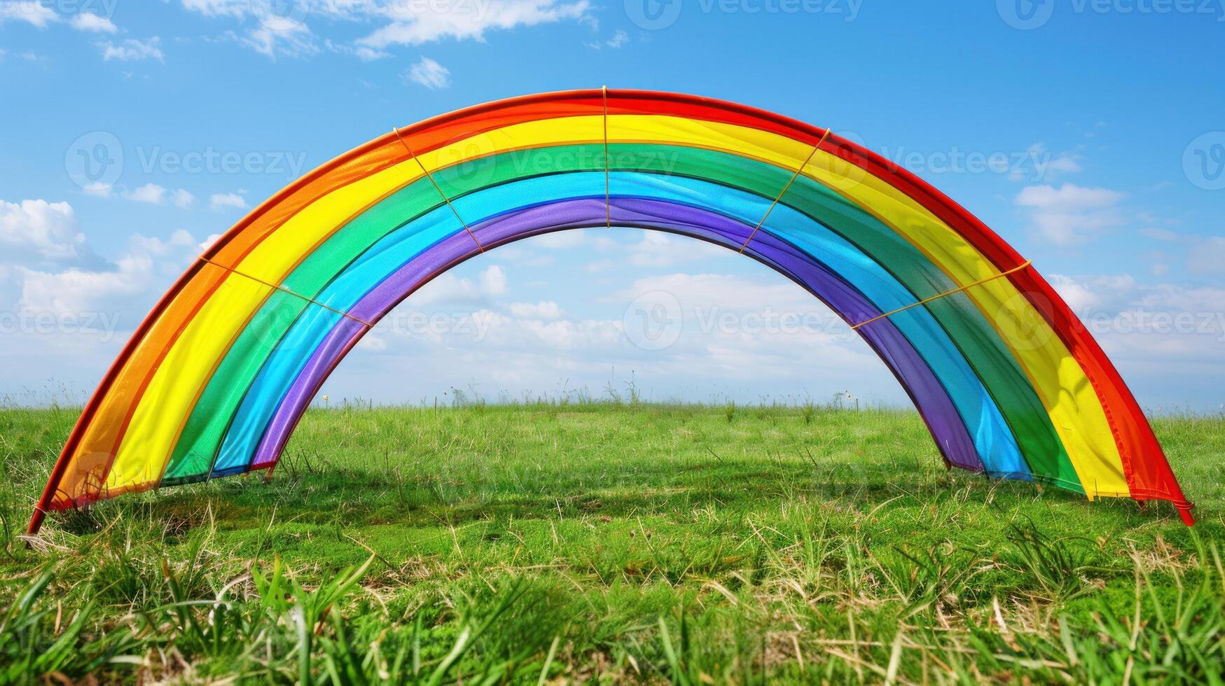 A rainbow is stretched across a field of grass photo