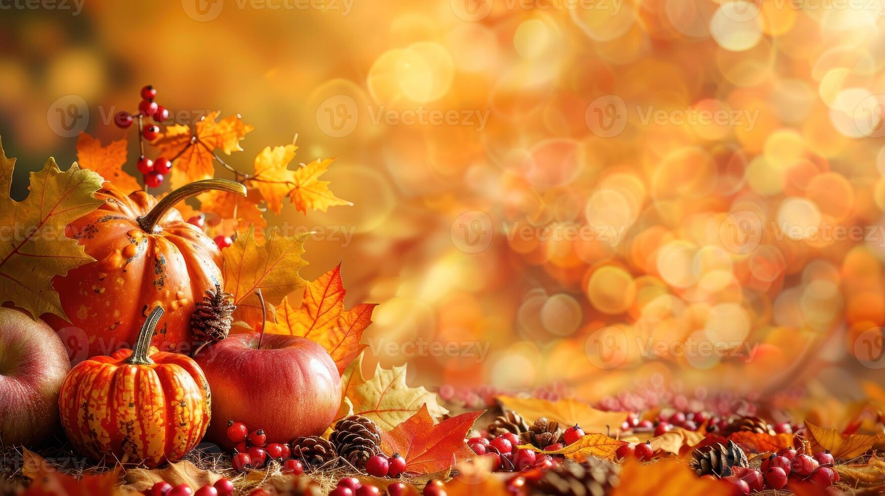A wooden background with a variety of fall foliage and pumpkins photo