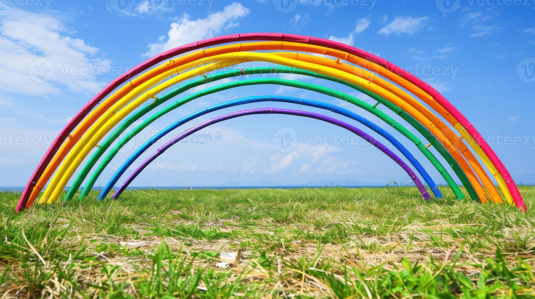 A rainbow is stretched across a field of grass photo