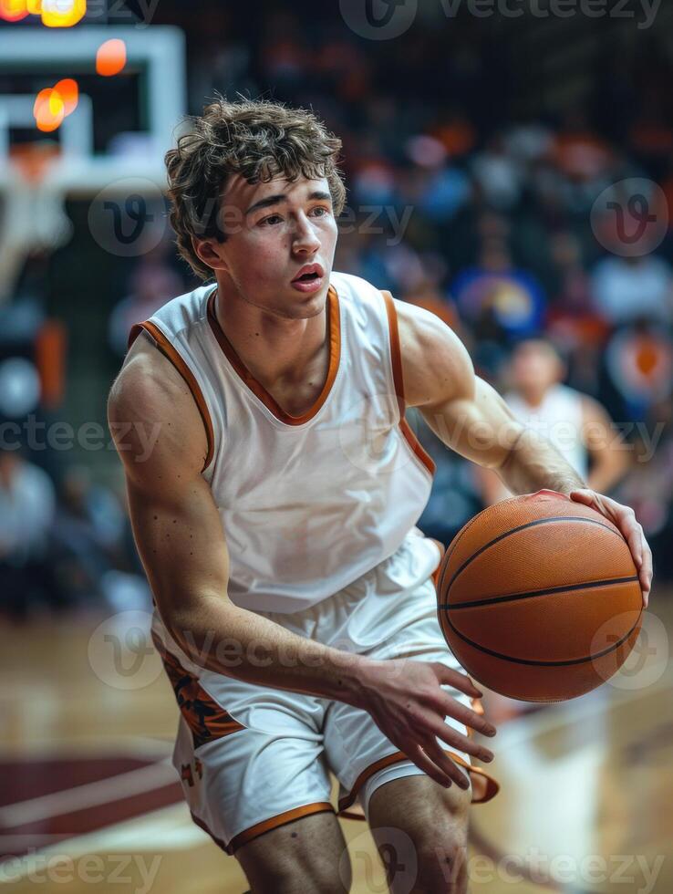 A basketball player with a Stills jersey on is holding a basketball photo