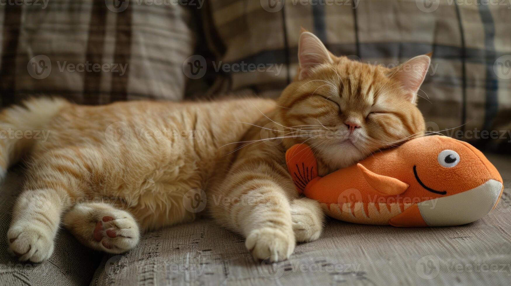 A cat is sleeping on a couch with a fish toy next to it photo