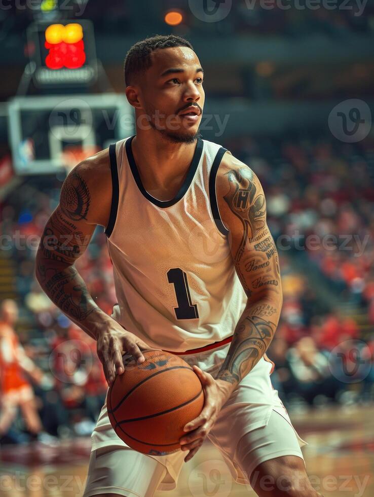 A basketball player with a Stills jersey on is holding a basketball photo