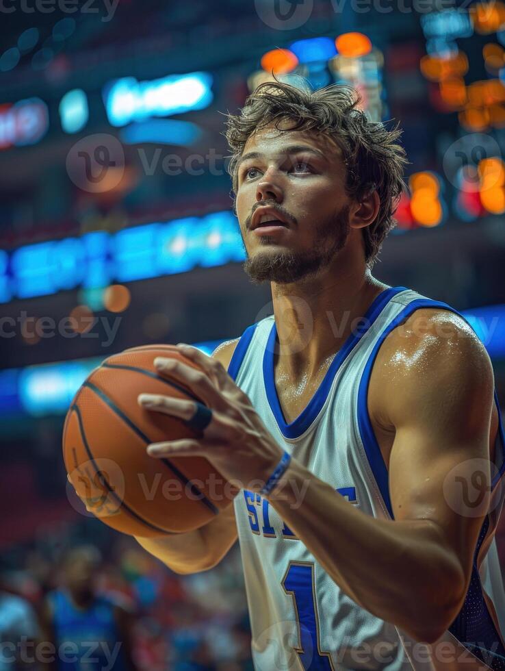 A basketball player with a Stills jersey on is holding a basketball photo