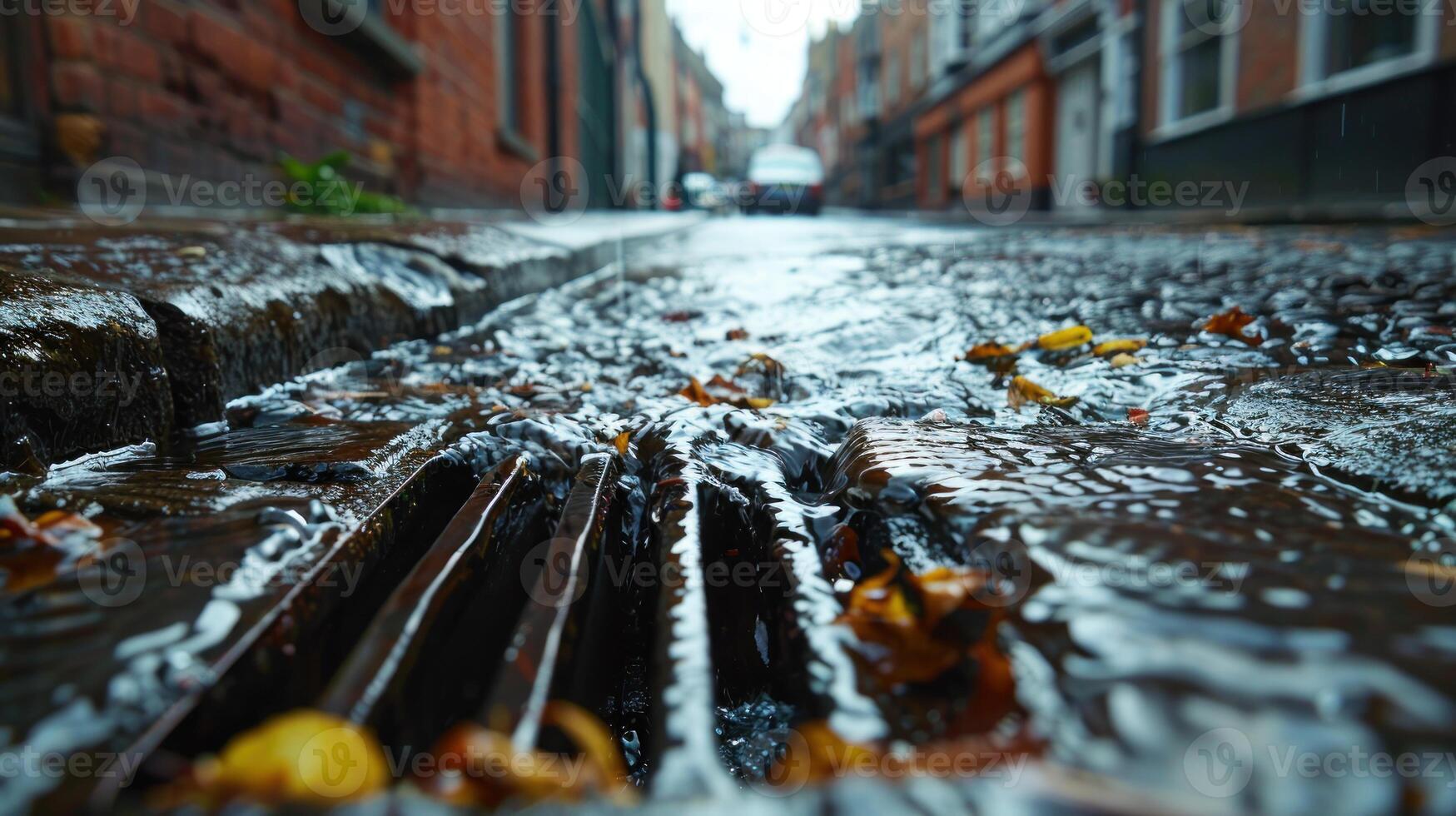 A street with a drain in the middle and leaves on the ground photo