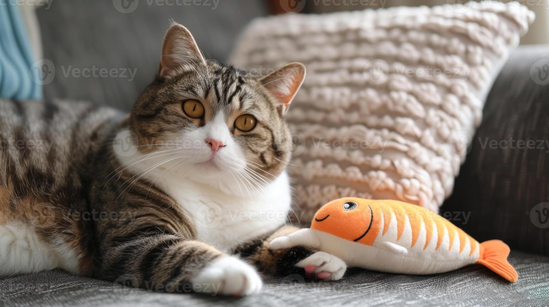 A cat is sleeping on a couch with a fish toy next to it photo