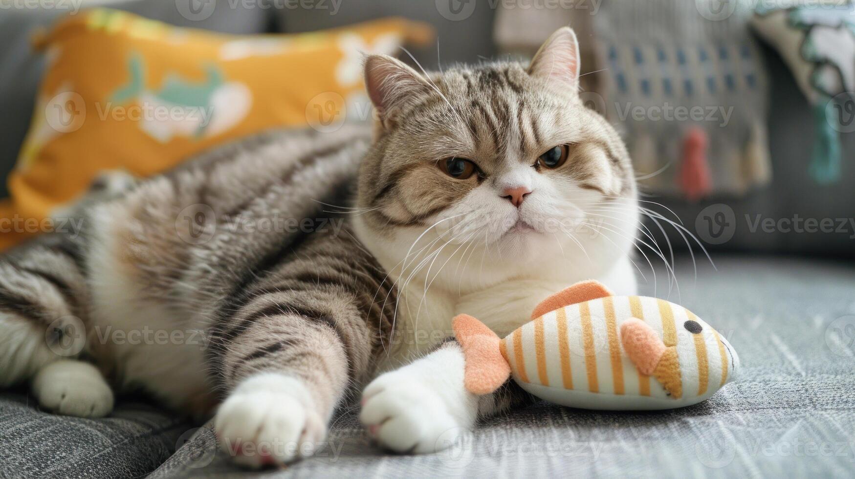 A cat is sleeping on a couch with a fish toy next to it photo