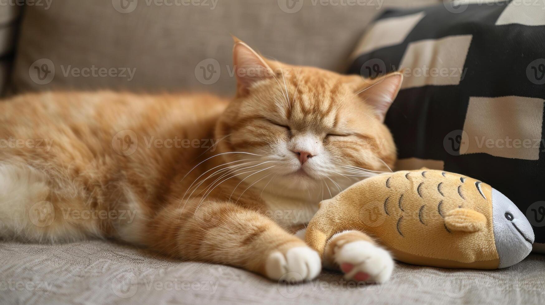 A cat is sleeping on a couch with a fish toy next to it photo