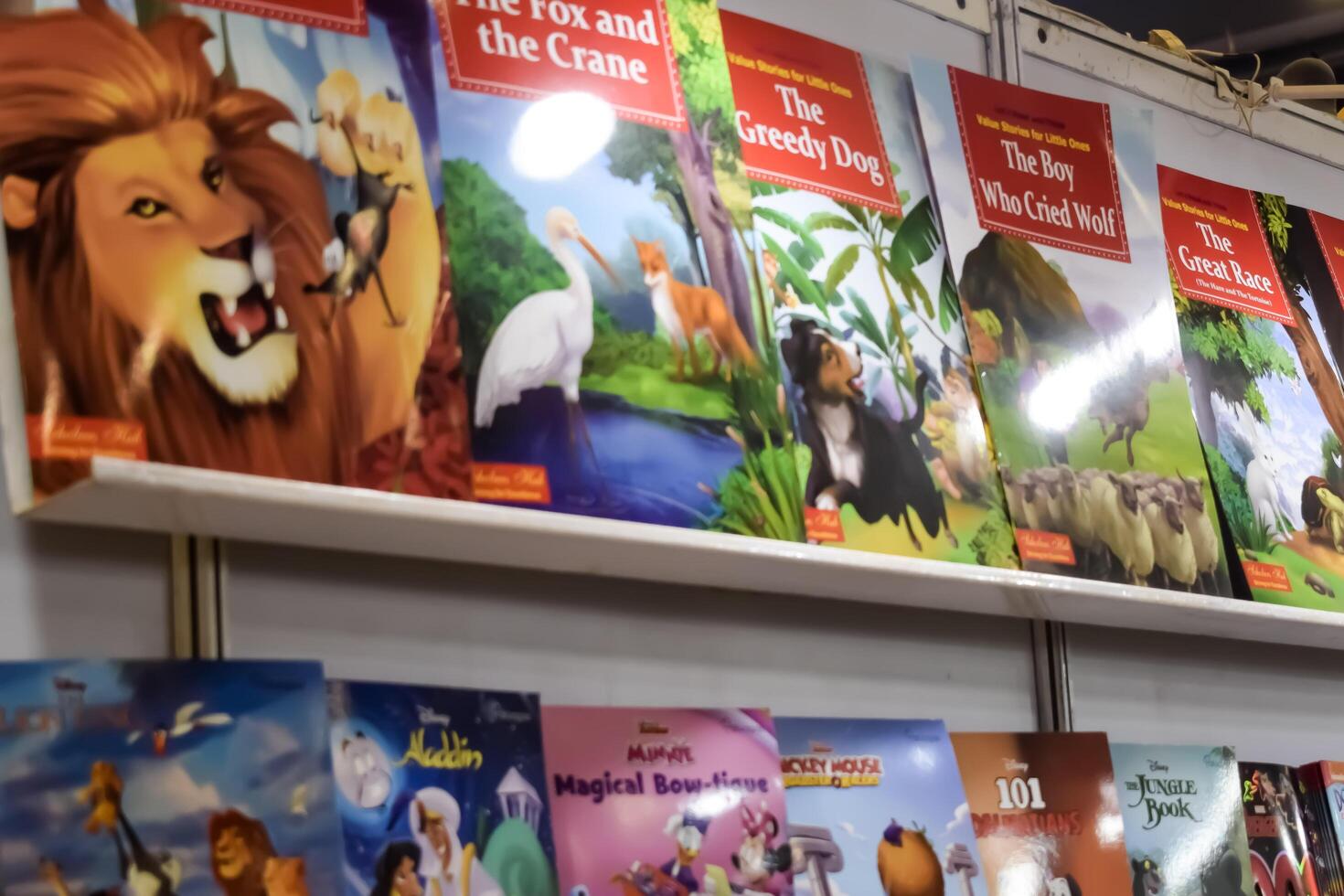 New Delhi, India, February 17 2024 - Variety of Books on shelf inside a book-stall at Delhi International Book Fair, Selection of books on display in Annual Book Fair at Bharat Mandapam complex photo