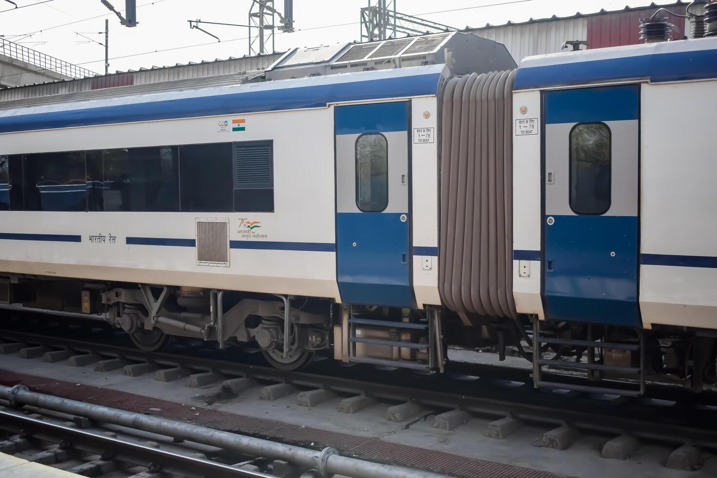 Delhi, India, June 09 2024 - Vande Bharat Express train going from Delhi towards Dehradun from Anand Vihar railway station, Vande Bharat fastest Train of India photo