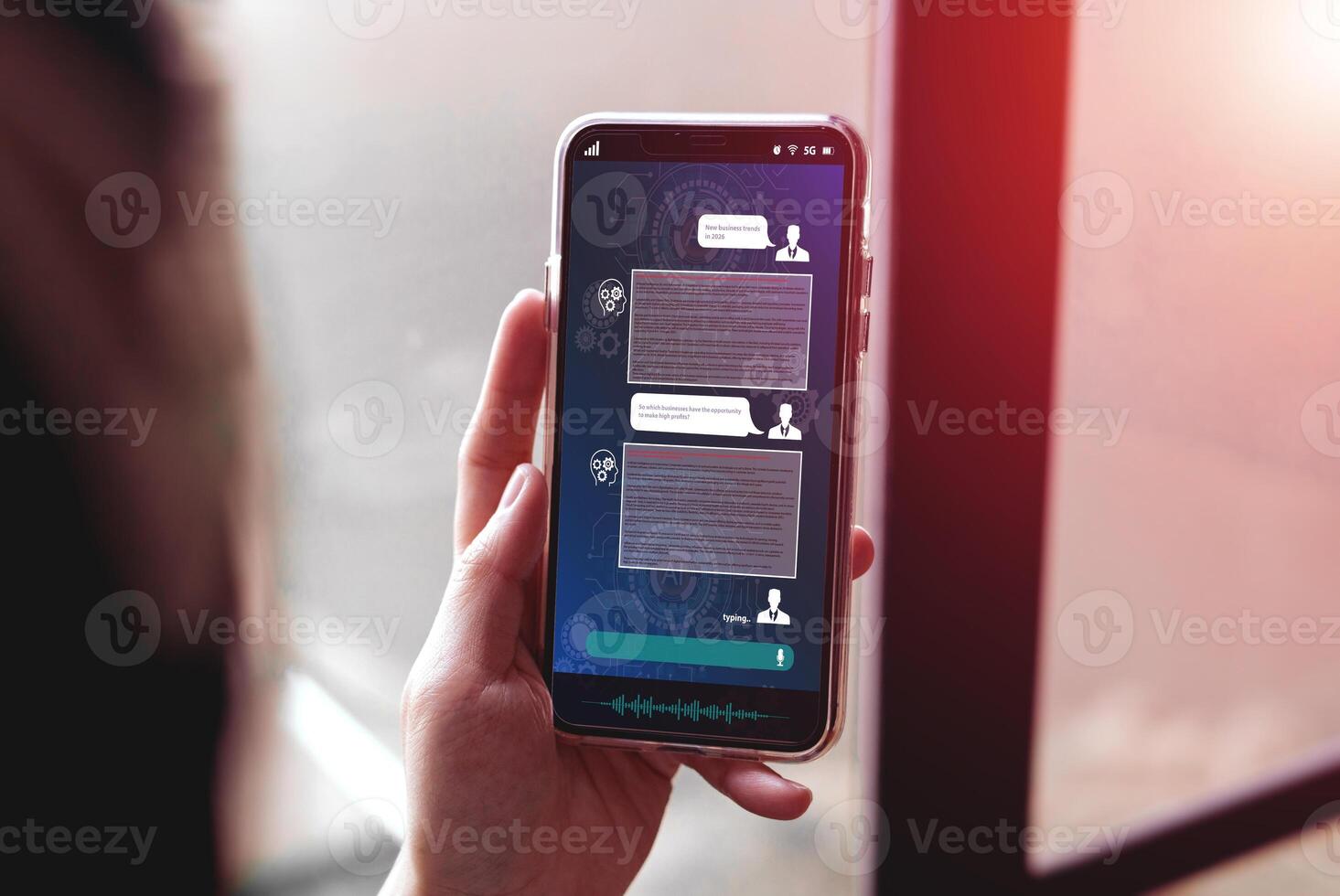 Data search, artificial intelligence chatbot, and data collection with global technology network. women chat with chatbots on smartphones to find business information. photo
