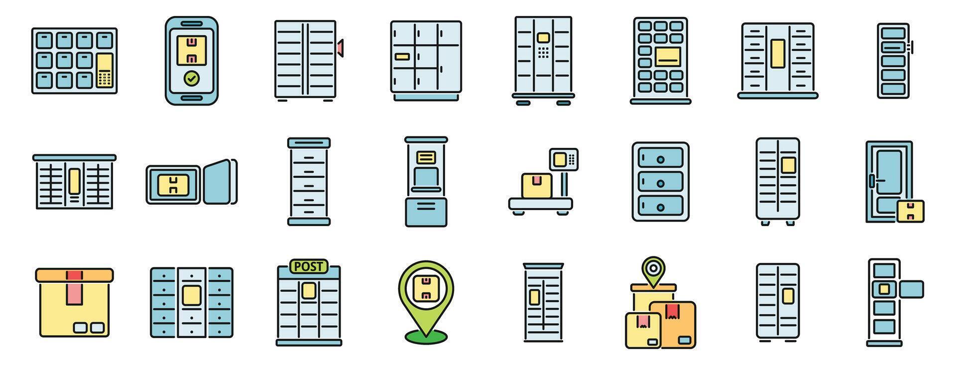 Self-service parcel delivery icons set color line vector