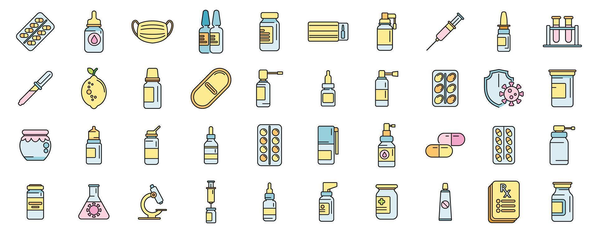 Antiviral medicines icons set color line vector