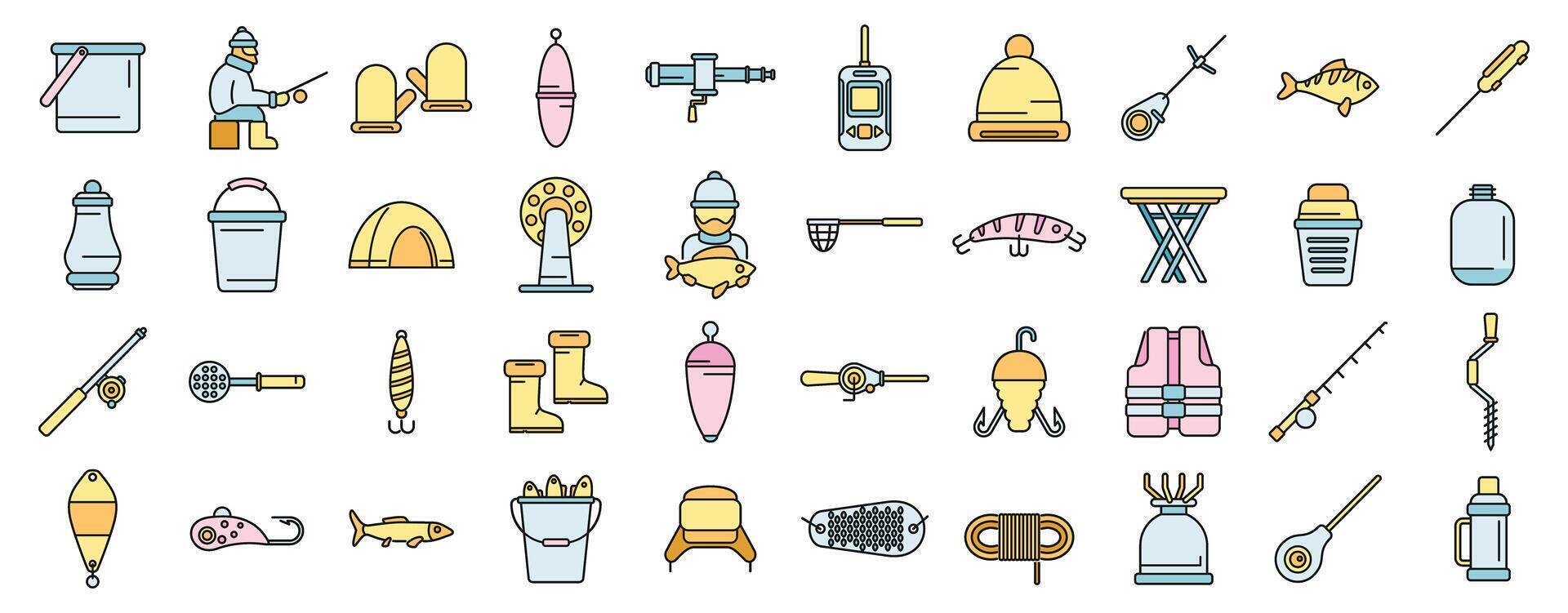 Ice fishing icons set color line vector