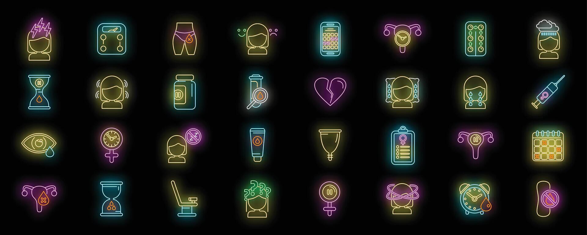 Menopause icons set neon vector