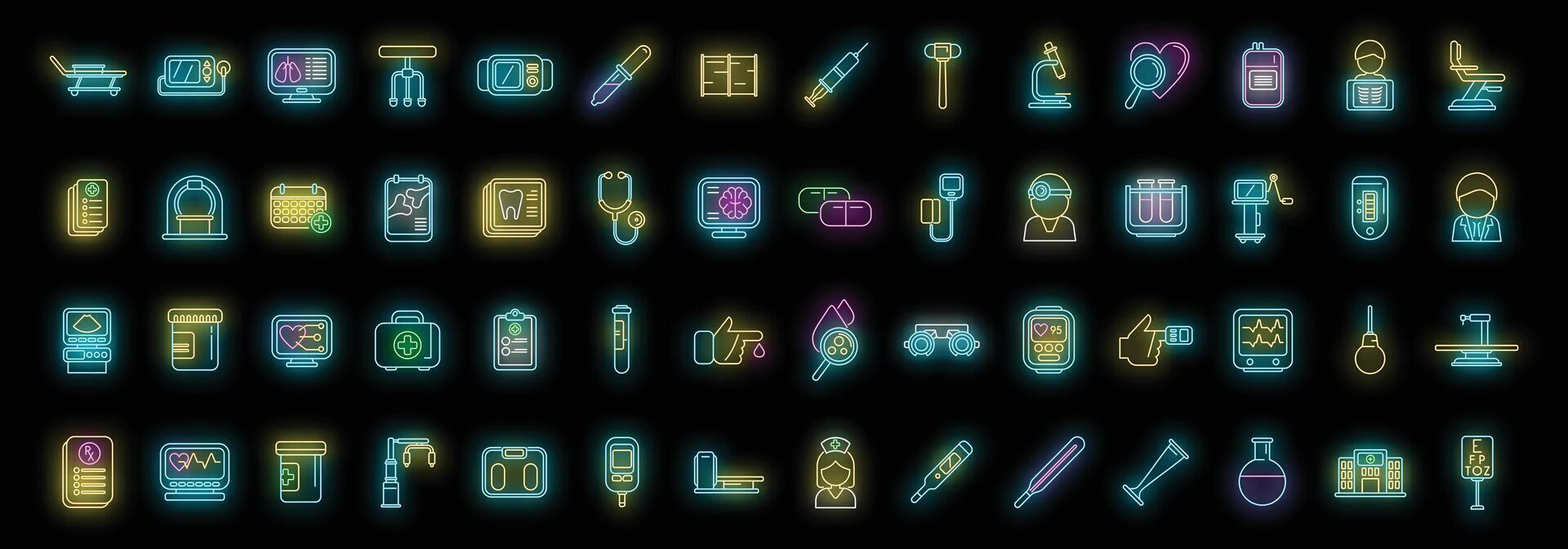 Medical examination icons set neon vector