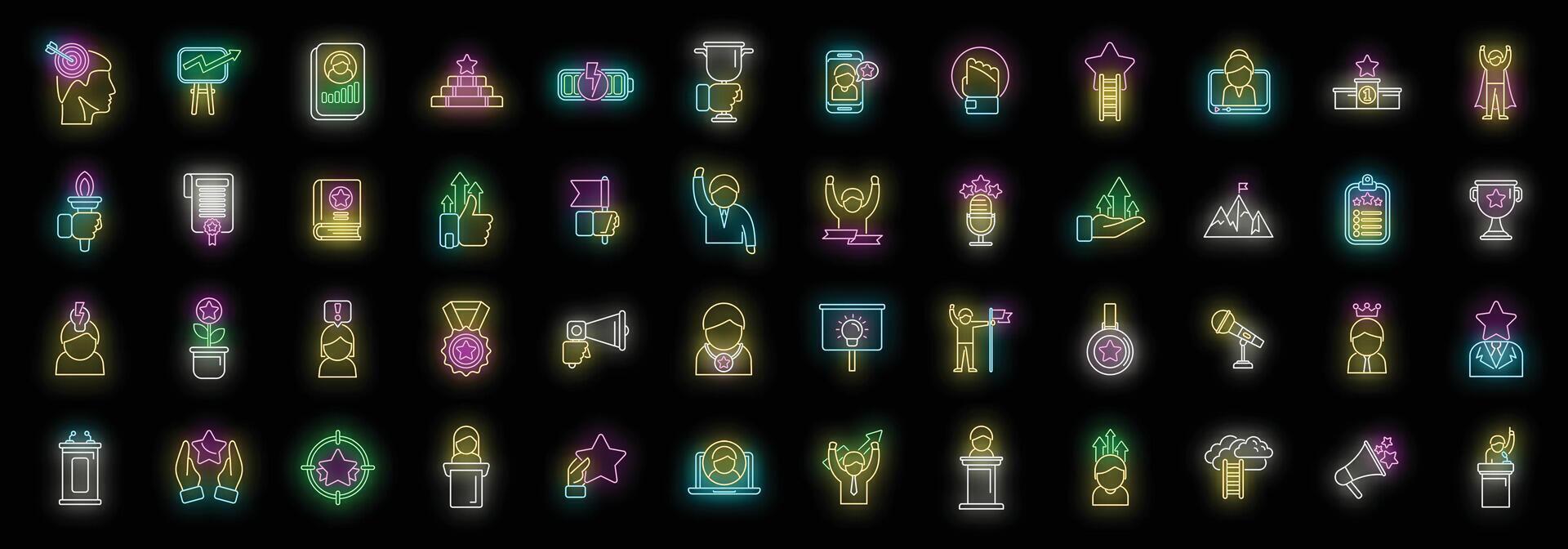 Motivational speaker icons set neon vector