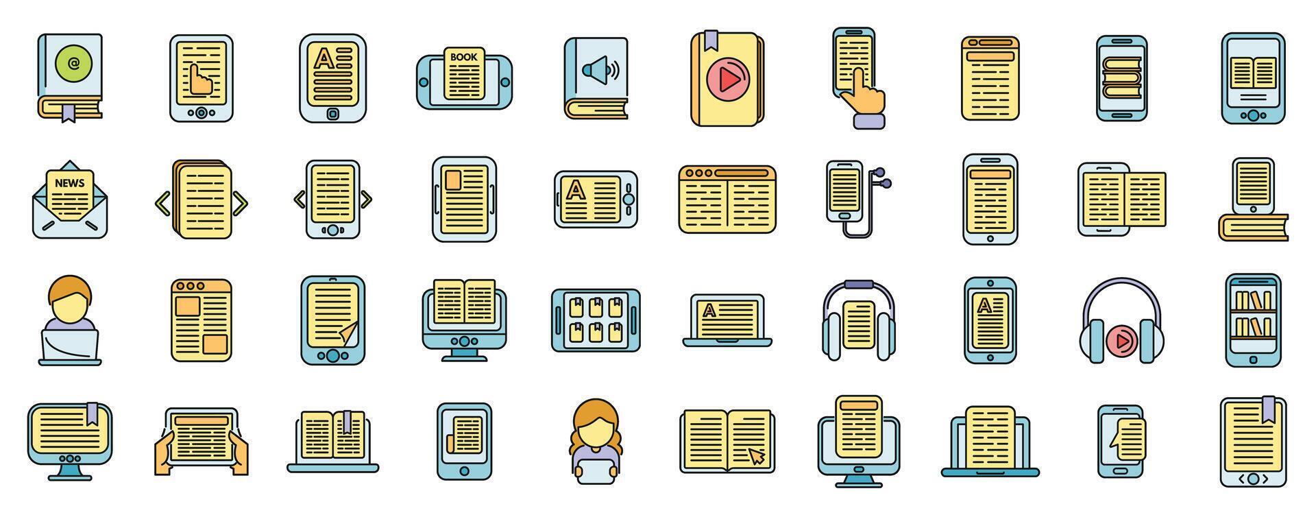 Digital reading icons set color line vector
