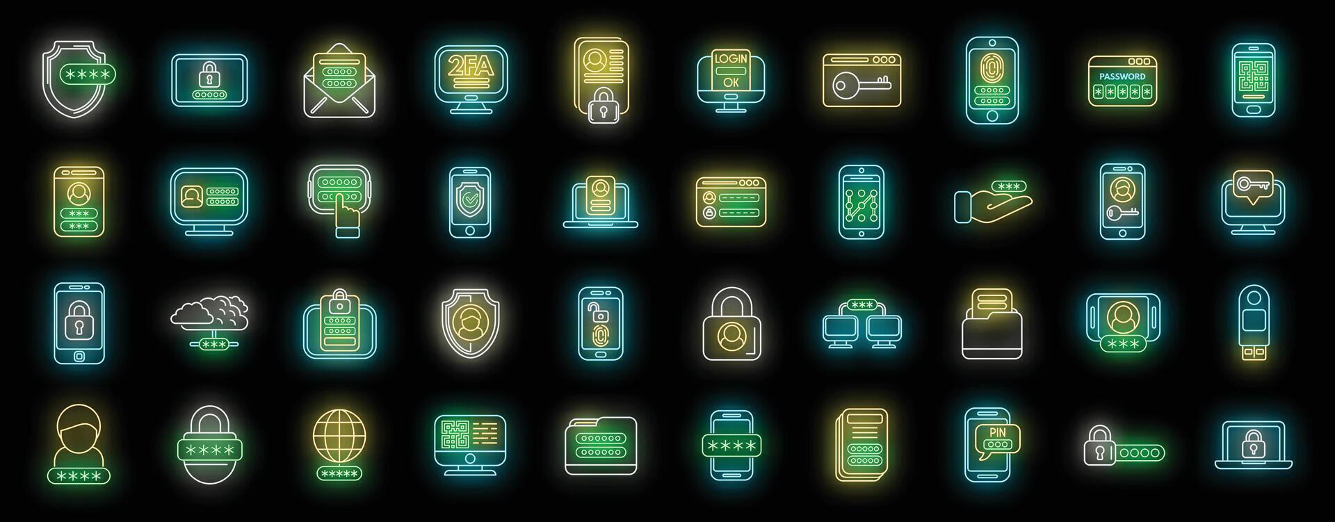 Two factor authentication icons set neon vector