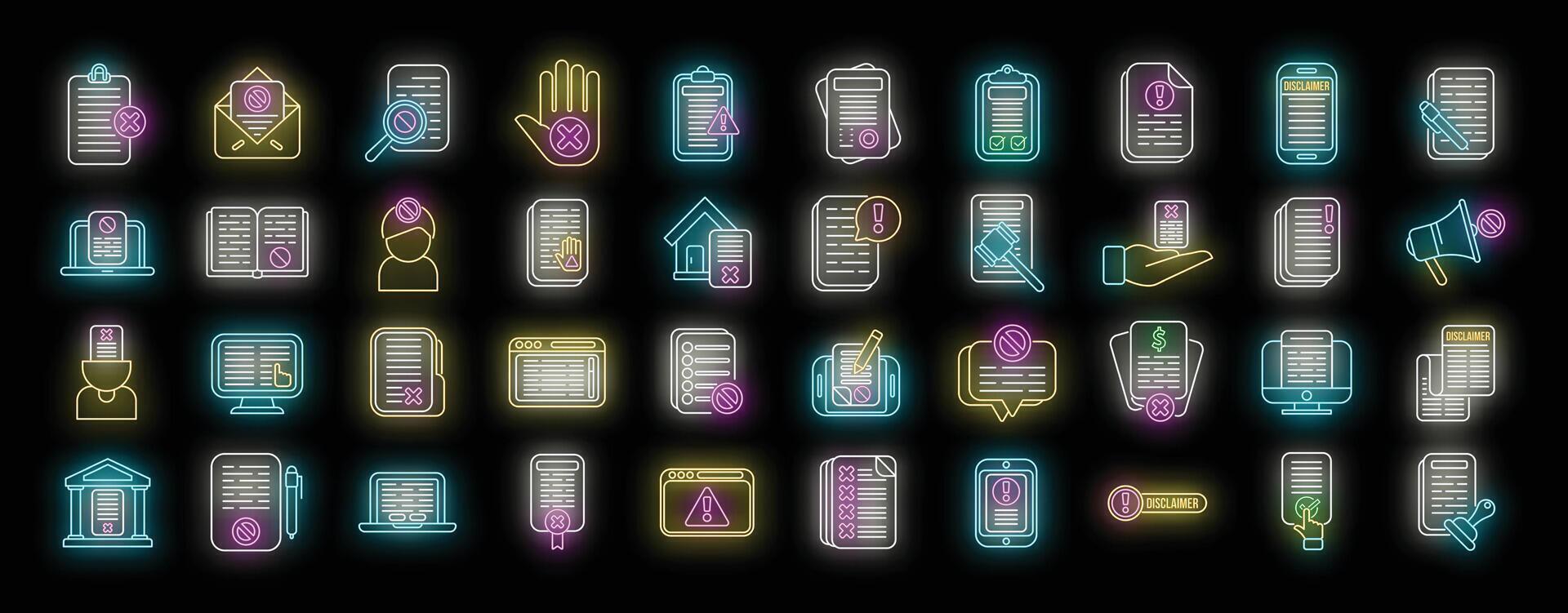 Disclaimer icons set neon vector