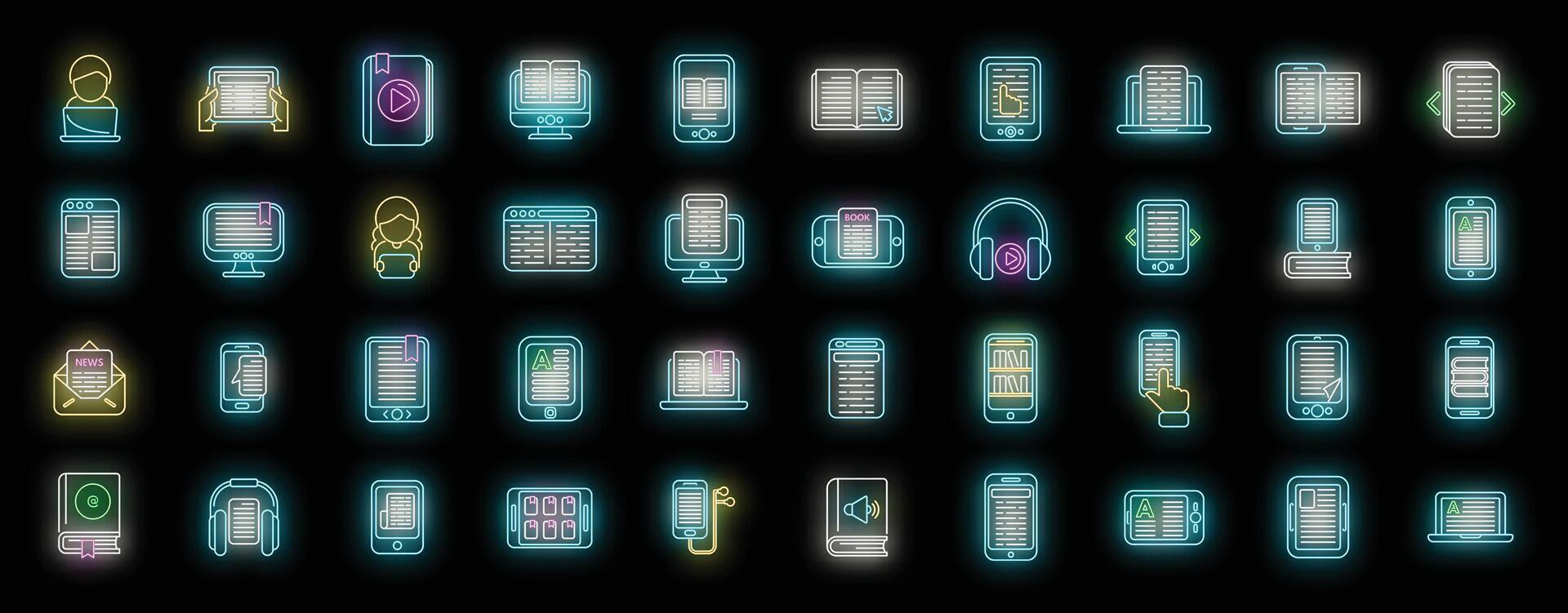 Digital reading icons set neon vector