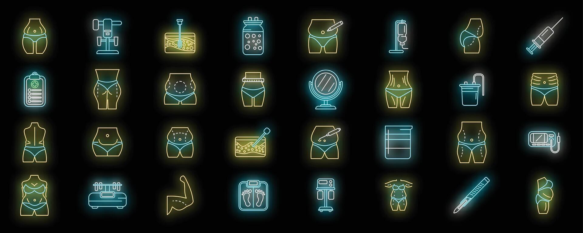 Liposuction icons set neon vector