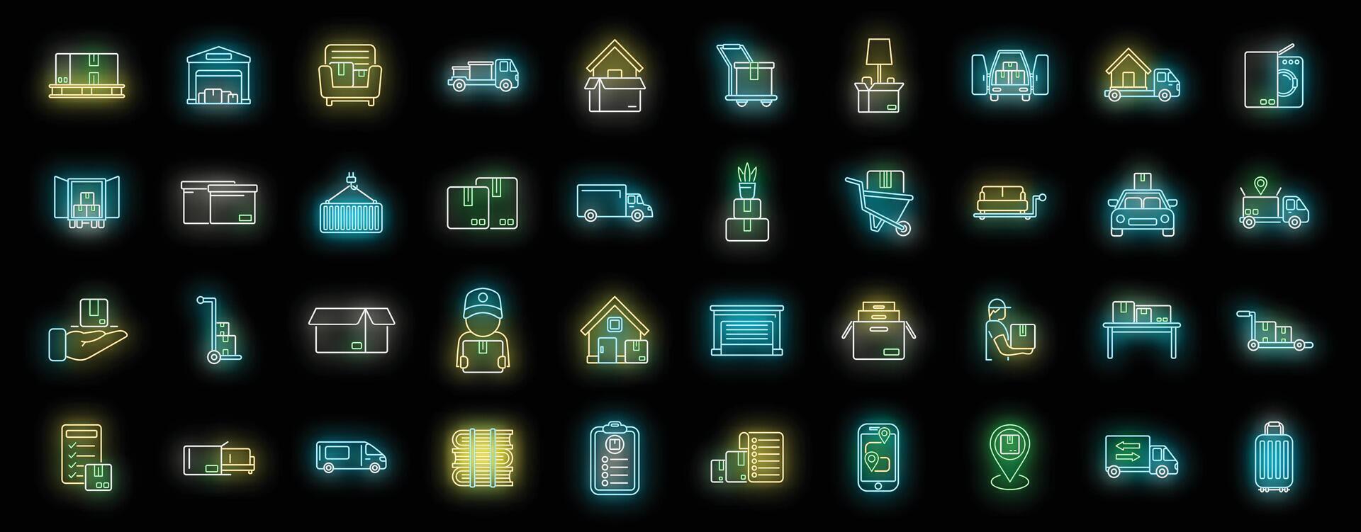 Moving house services icons set neon vector