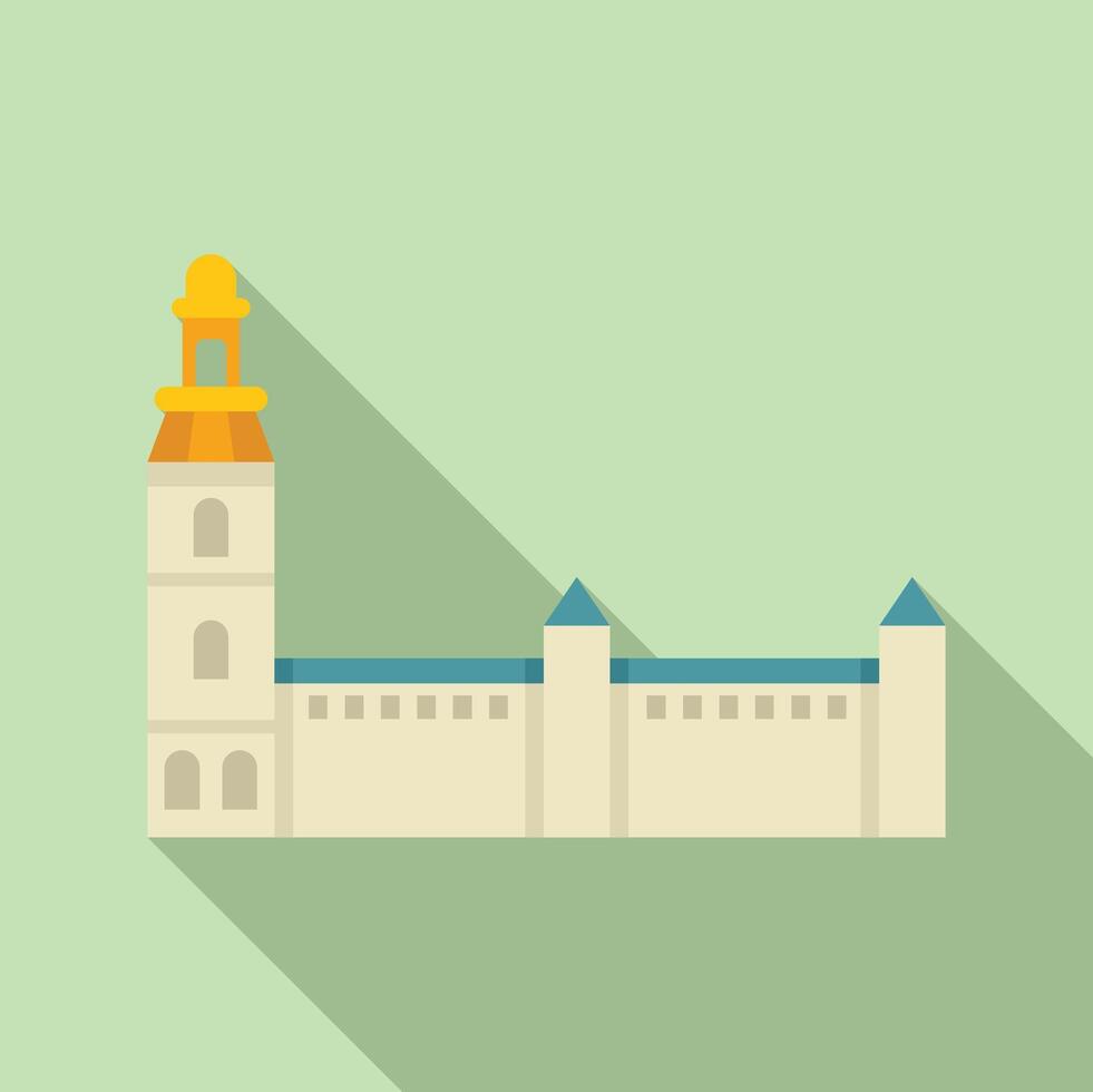 Old town square tower with long shadow on green background vector