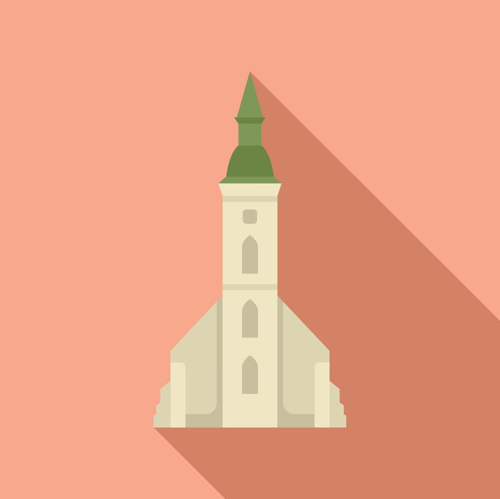 White catholic church building with green roof is casting shadow on pink background vector