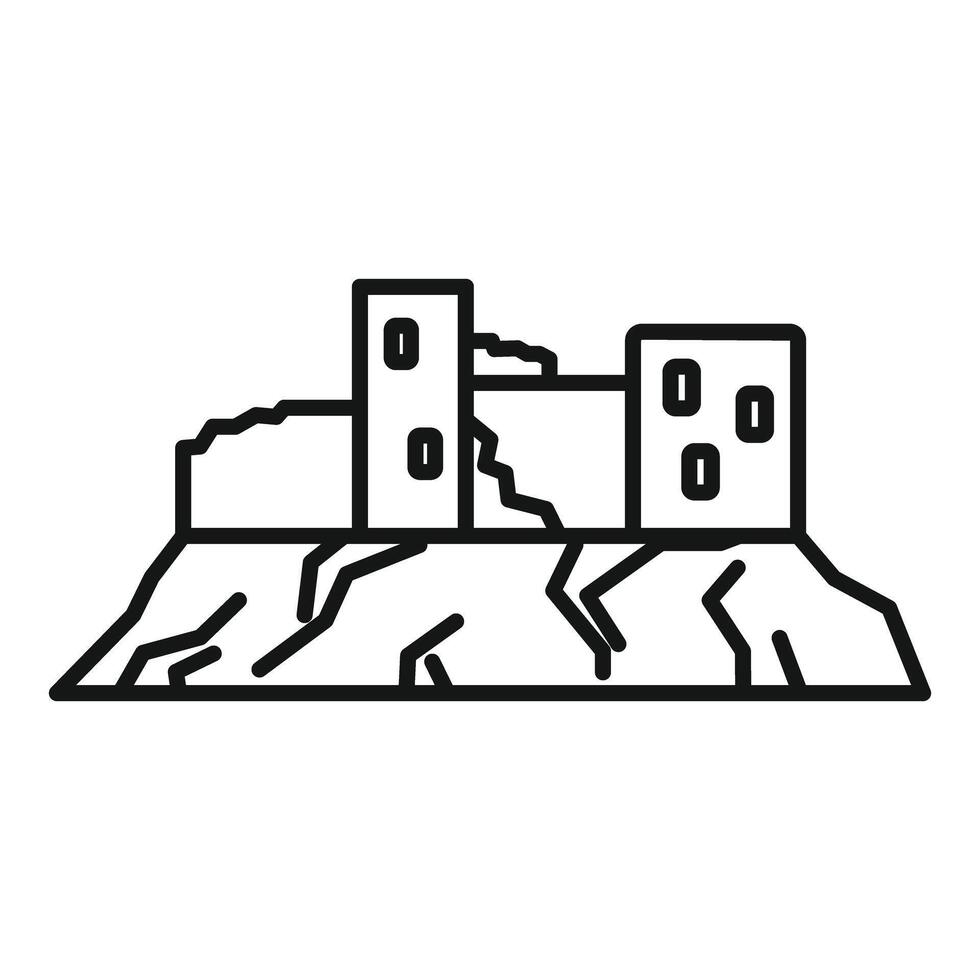 Earthquake destroying buildings on top of mountain icon vector