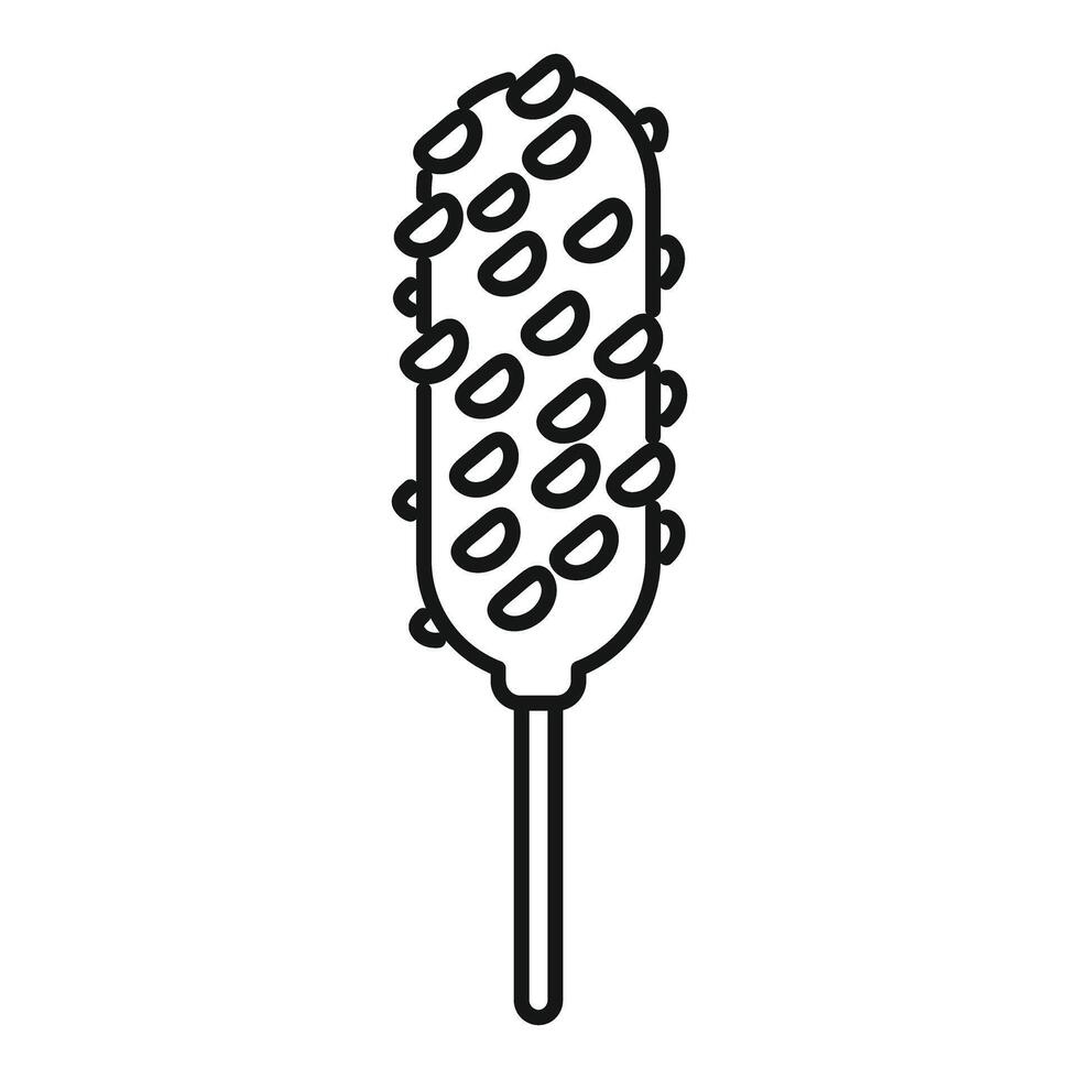 Crunchy corn dog being dipped in batter on a stick, fast food outline icon vector