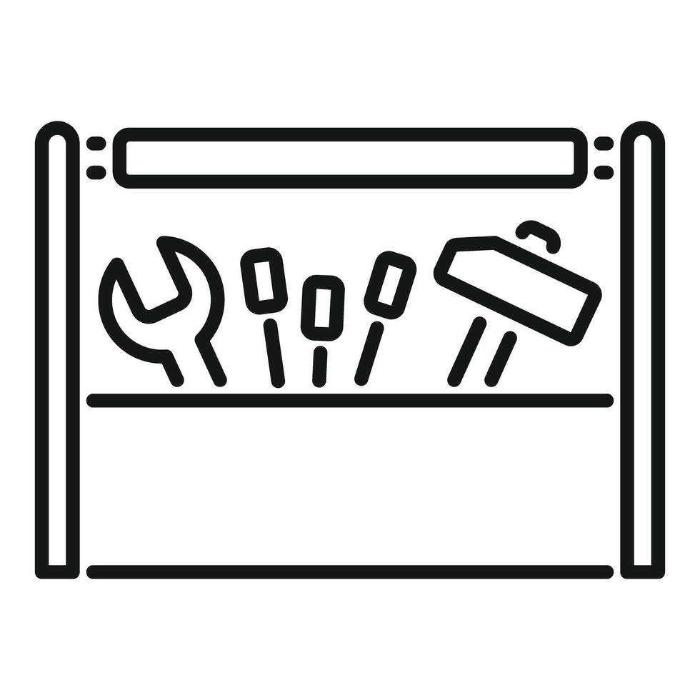 Mechanic tools shelf holding wrench hammer and screwdrivers line art icon vector