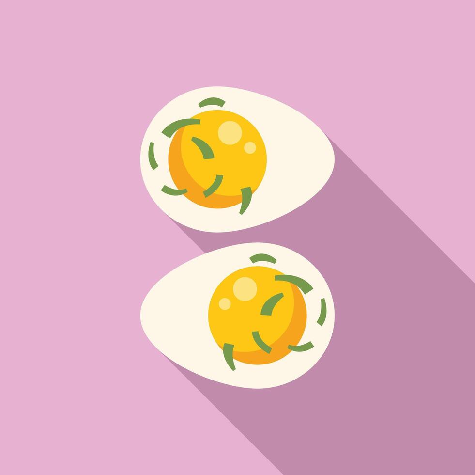 Two halves of a deviled egg garnished with chives on pink background vector