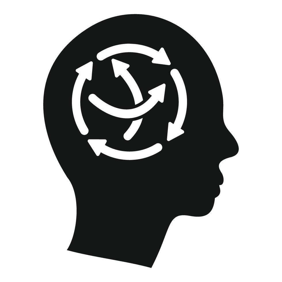 Human head silhouette with circular arrows representing recurring thoughts vector