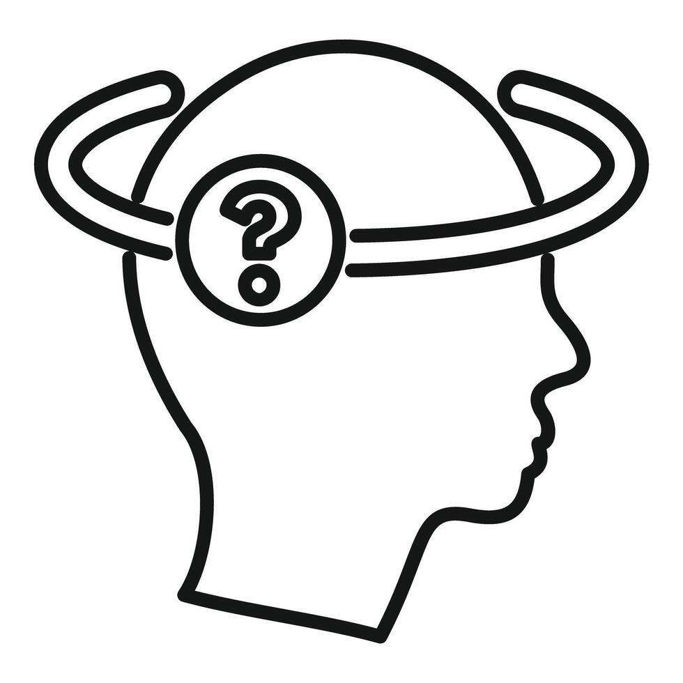 Human head thinking with question mark inside orbiting around vector