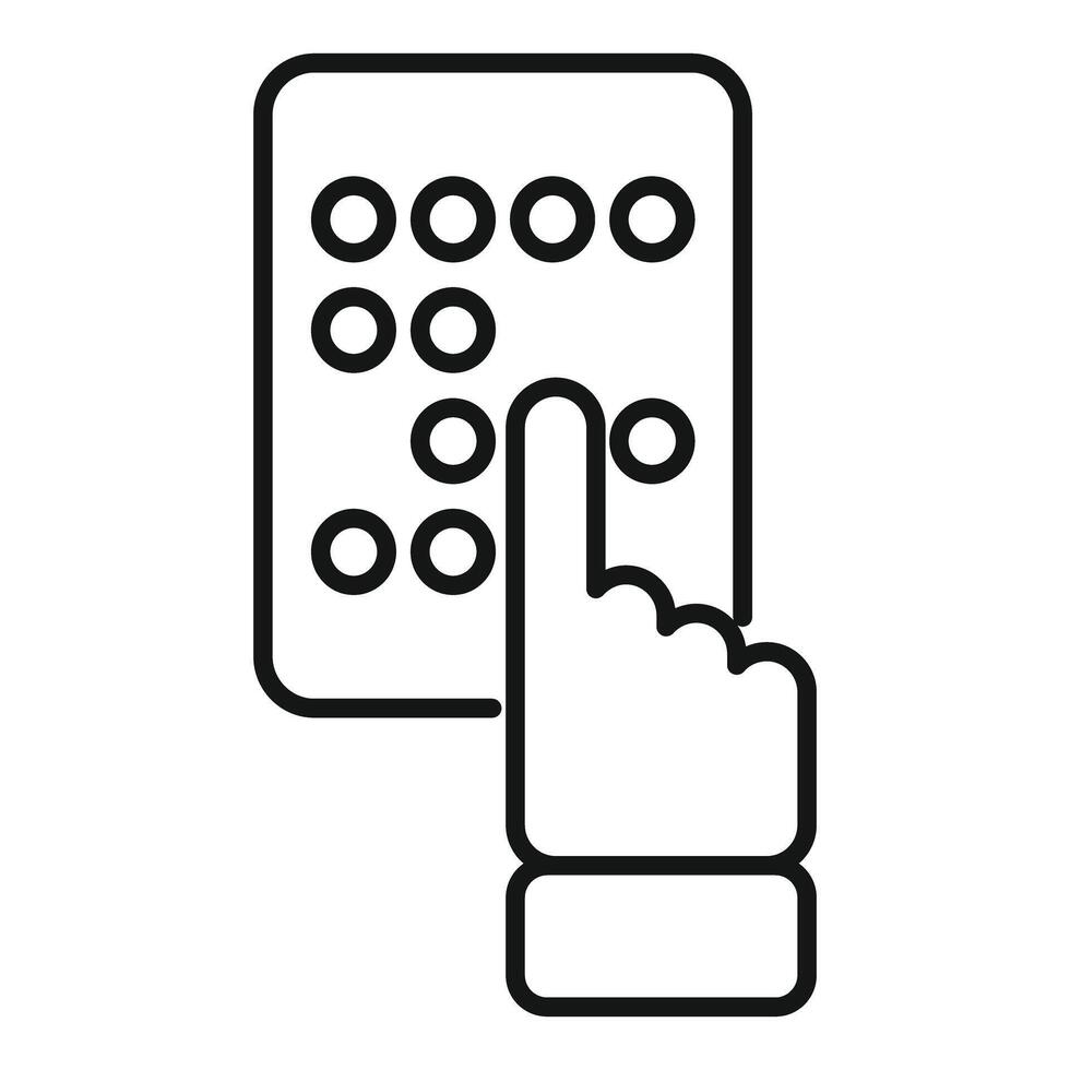 Blind person reading braille text with hand, line icon vector