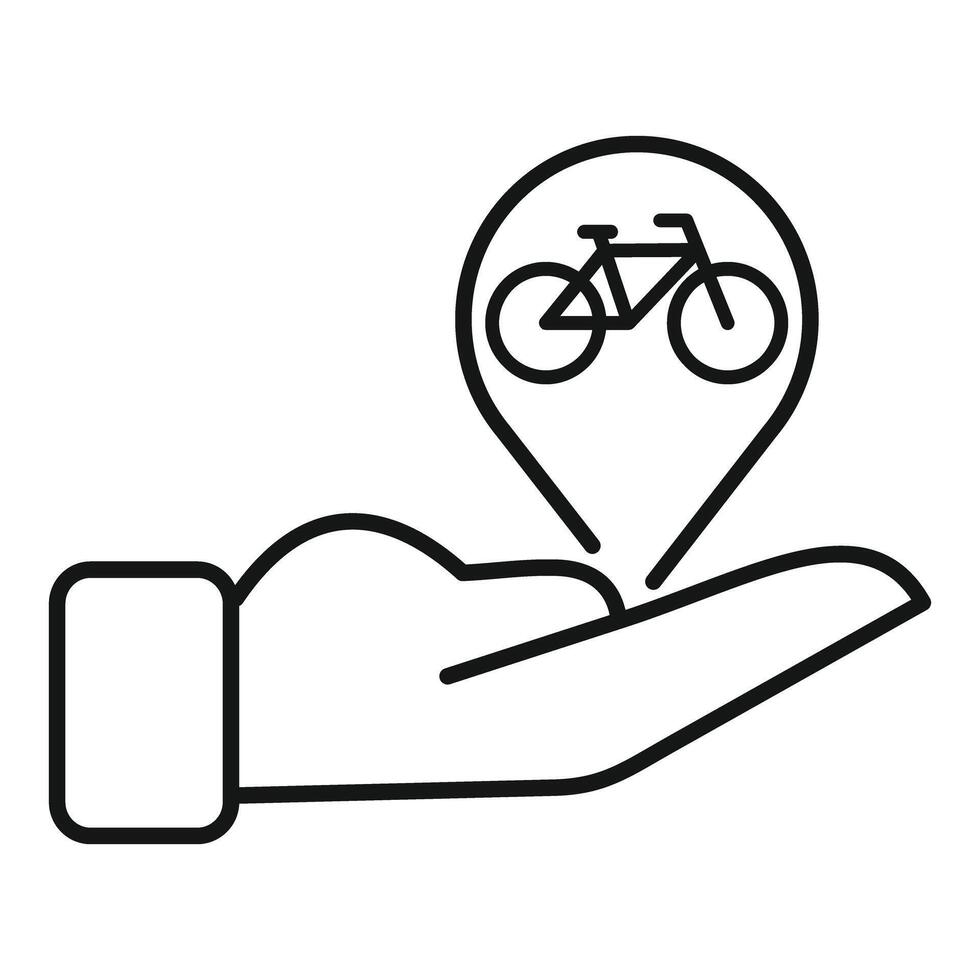 Hand holding bike location pin icon, bicycle sharing service vector