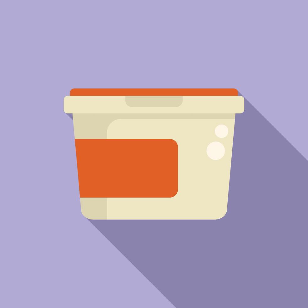 Plastic food container with orange label and red lid icon vector