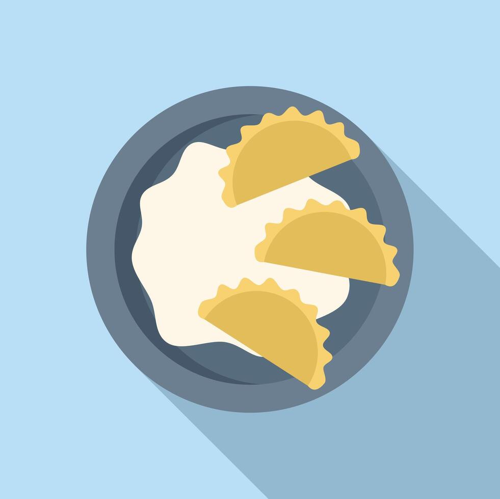 Plate of varenyky or pierogi dumplings lying on sour cream in top view illustration vector