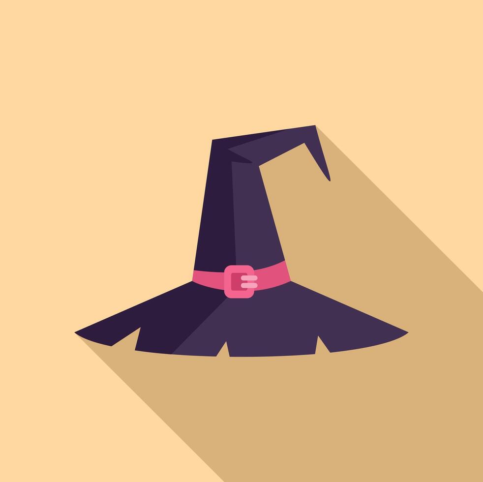 Black witch hat with pink belt casting long shadow on yellow background vector