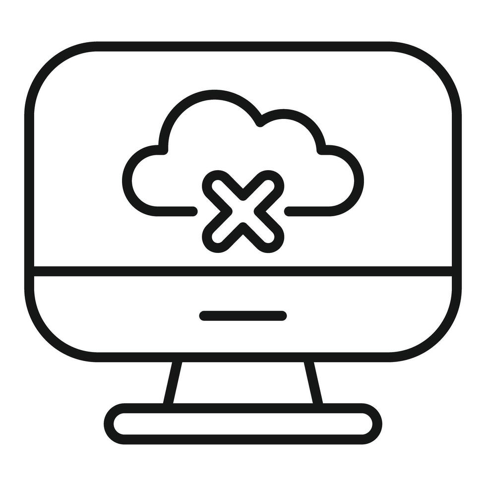 Computer showing cloud computing failure icon, cloud storage error, data loss symbol, network problem on desktop pc, website not available vector