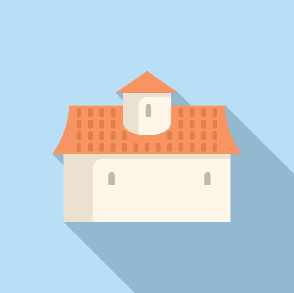Medieval building with orange roof and round tower is casting shadow on blue background vector