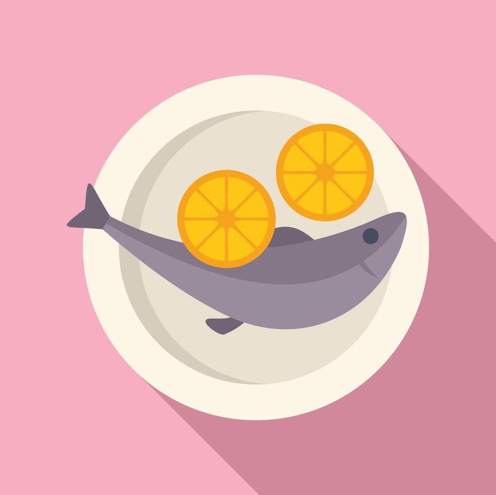 Baked fish dish with lemon slices on a plate vector