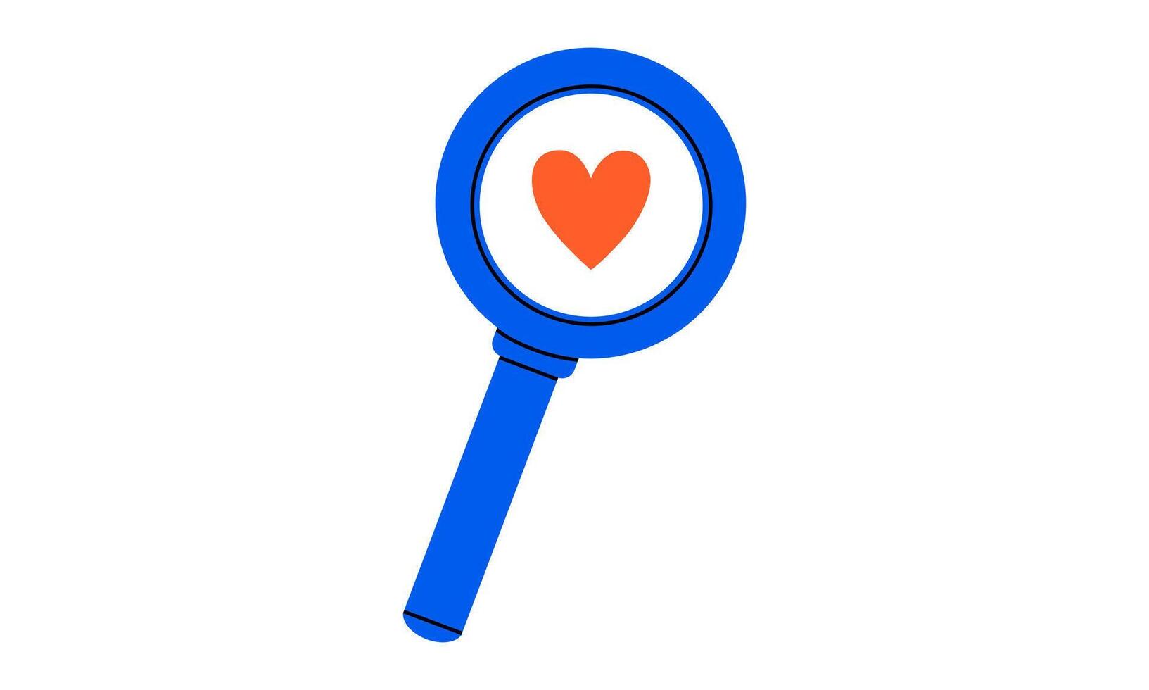 Hand drawn cute cartoon illustration of magnifying glass with heart on lens. Flat searching for love doodle style. Find perfect match icon. Dating online app print. Romantic feelings. Isolated. vector