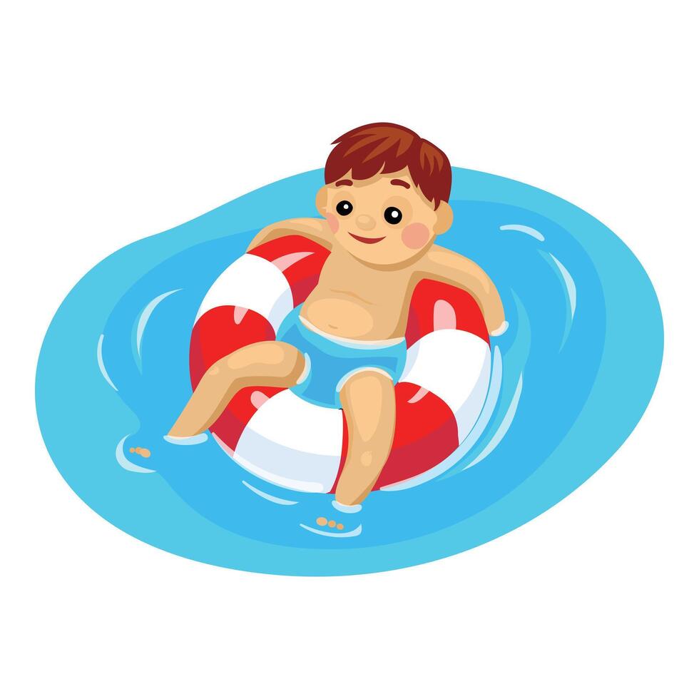 Happy child floating in a red and white inflatable ring in swimming pool vector