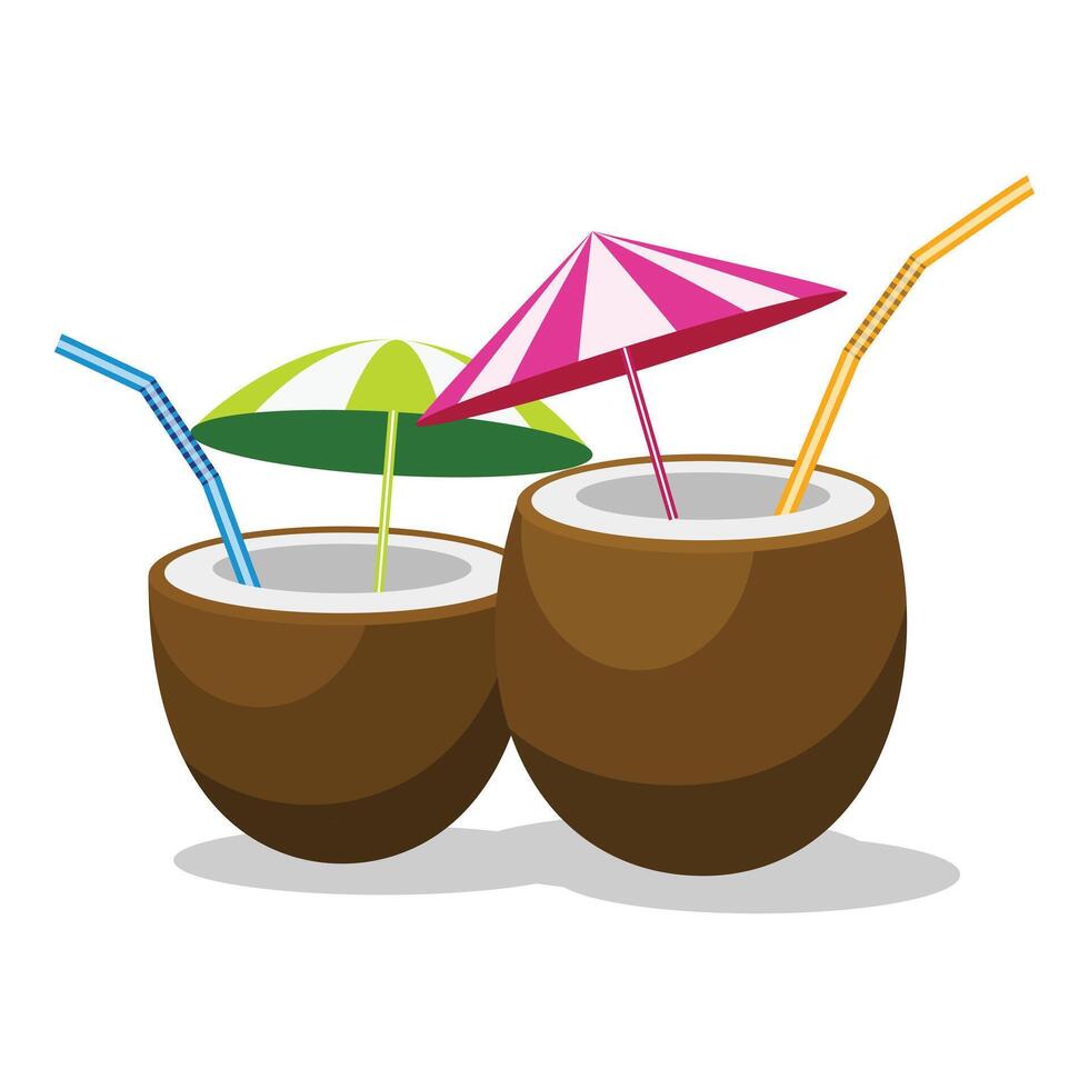 Two coconut cocktails with straws and umbrellas enjoying the sun vector