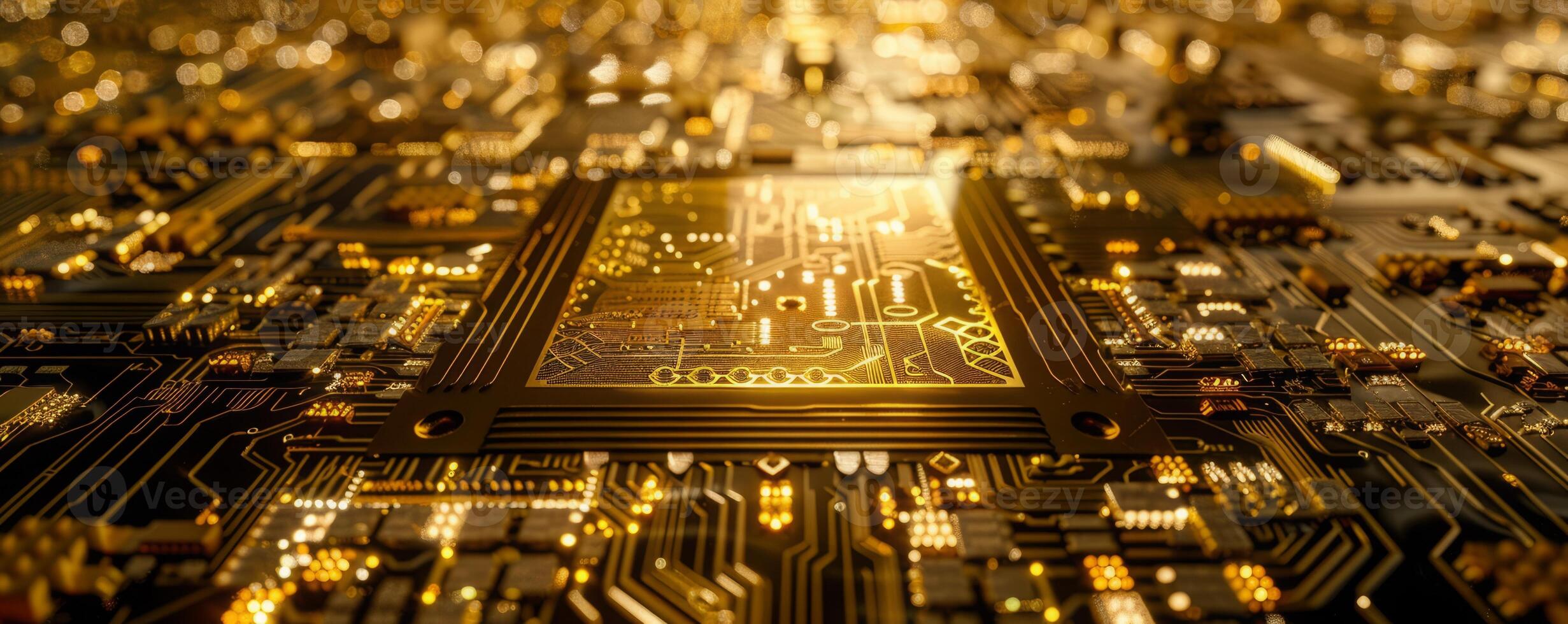 Close up view of golden microchips representing futuristic technology. AI technology concept. photo