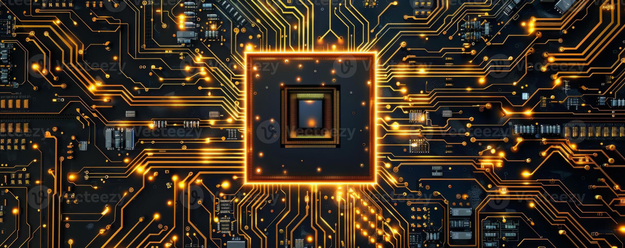 Top view of golden microchips representing futuristic technology. Information technology concept. photo
